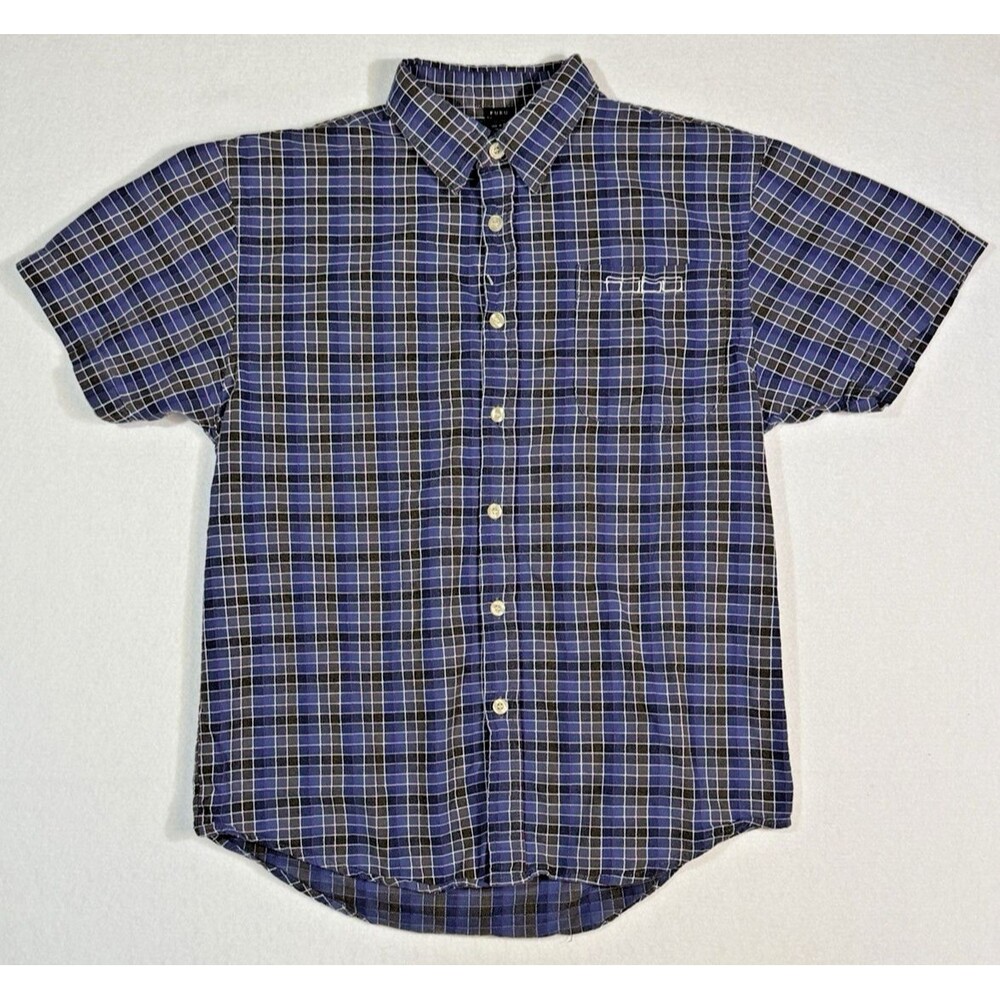 FUBU The Collection Men’s Button Up Shirt Plaid Blue Hip Hop Streetwear Size L